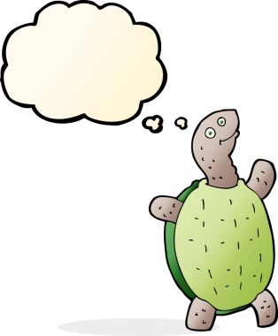 Bir insan tarafından çizilmiş düşünce baloncuklu mutlu kaplumbağa.