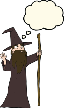 Bir insan tarafından çizilmiş düşünce baloncuğu olan yaşlı bir sihirbaz.