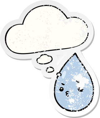 Düşünce baloncuklu tatlı yağmur damlası, bir insan tarafından çizilmiş yıpranmış bir çıkartma gibi.