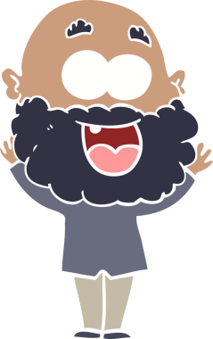 Düz renkli çizgi film. Bir insan tarafından çizilmiş sakallı çılgın mutlu adam.