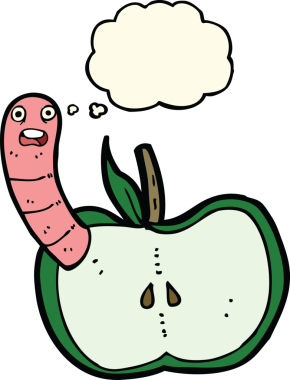 Bir insan tarafından çizilmiş düşünce baloncuğu solucanlı çizgi film elması