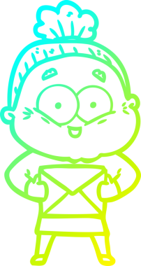 Bir insan tarafından çizilmiş, mutlu, yaşlı bir kadının çizimi.