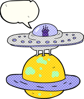 Bir insan tarafından çizilmiş serbest çizilmiş çizgi roman konuşma balonu uçan daire.