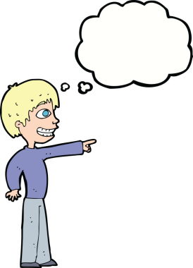 Bir insan tarafından çizilmiş düşünce balonuyla işaret eden sırıtan çocuk.