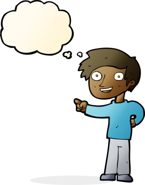 Bir insan tarafından çizilen düşünce baloncuğuyla işaret eden çizgi film adamı.