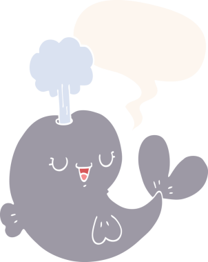 Konuşma baloncuğu olan çizgi film balinası insan tarafından çizilmiş.