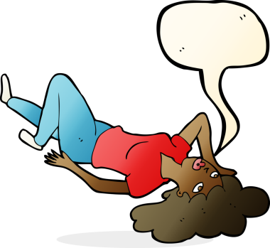 Bir insan tarafından çizilmiş konuşma baloncuğuyla yerde yatan karikatür kadın.