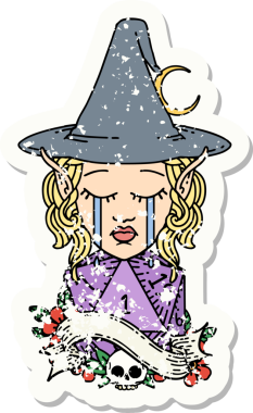 Ağlayan bir elf büyücüsü karakterinin yapışkan çıkartması. Doğal bir insan tarafından çizilmiş bir D20 ruloyla.