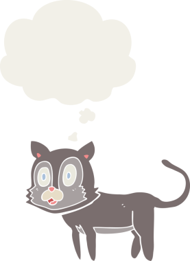 Bir insan tarafından çizilmiş düşünce baloncuklu mutlu çizgi film kedisi.