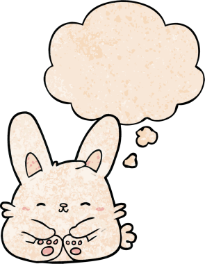 Bir insan tarafından çizilmiş grunge desenli düşünce baloncuklu çizgi film tavşanı.