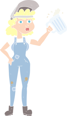 Bir insan tarafından çizilmiş biralı çalışkan bir kadının düz renk çizimi