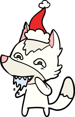 Bir insan tarafından çizilmiş Noel Baba şapkası takan aç bir kurdun el çizimi.