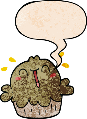 Bir insan tarafından çizilmiş eski moda konuşma baloncuklu şirin bir çizgi film pastası.