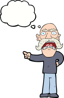 Bir insan tarafından çizilmiş düşünce baloncuğu olan kızgın yaşlı bir adam.