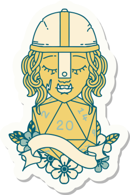 Bir insan tarafından çizilmiş 20 zarlı yarı ork savaşçı karakterinin çıkartması.