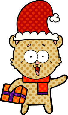 Bir insan tarafından çizilmiş Noel hediyeli gülen oyuncak ayı.