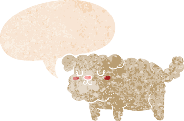 Bir insan tarafından çizilmiş grunge dertli retro tarzı konuşma baloncuğu ile çizgi film köpeği