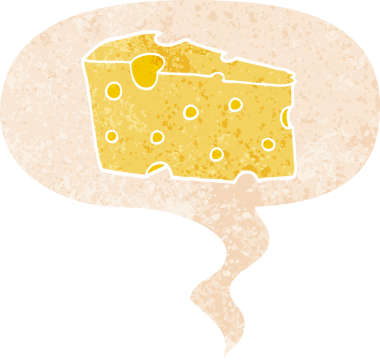 Konuşma baloncuklu çizgi film peyniri bir insan tarafından çizilmiş dertli retro desenli.