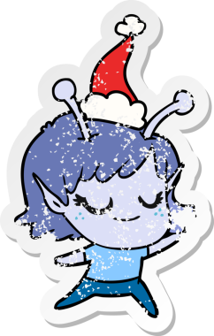 Gülümseyen uzaylı kız eli çizilmiş insan tarafından çizilmiş Noel Baba şapkası.