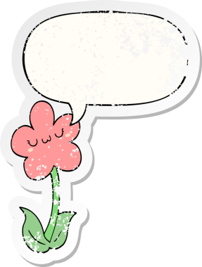 Konuşma baloncuğu olan karikatür çiçeği bir insan tarafından çizilmiş sıkıntılı eski bir çıkartma