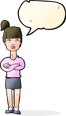 Bir insan tarafından çizilmiş konuşma baloncuğuyla rahatsız bir kadın.