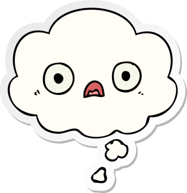 Düşünce baloncuğu olan sevimli çizgi film yüzü bir insan tarafından çizilmiş çıkartma gibi.