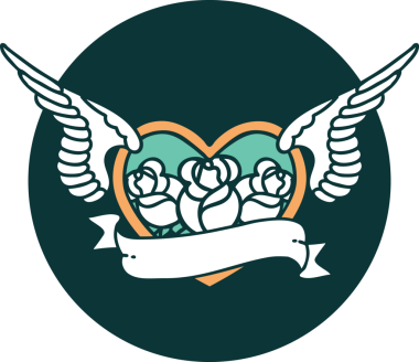 Bir insan tarafından çizilmiş çiçek ve bayrak ile uçan bir kalbin ikonik dövme görüntüsü