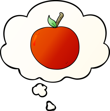 bir insan tarafından çizilmiş yumuşak eğimli düşünce baloncuklu çizgi film elması