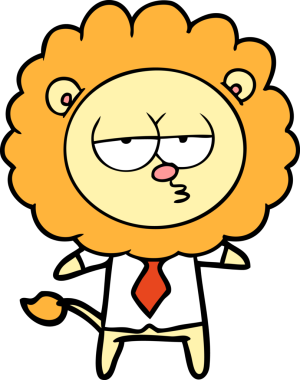 Bir insan tarafından çizilmiş canı sıkkın aslan ofis çalışanı çizgi filmi.