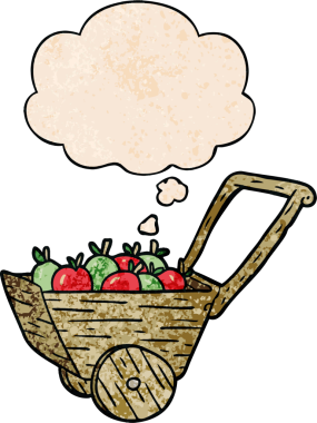 Düşünce baloncuklu çizgi film elma arabası. Bir insan tarafından çizilmiş grunge desen tarzı.