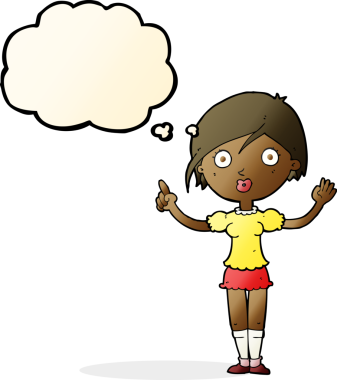 Bir insan tarafından çizilmiş düşünce baloncuğuyla soru soran çizgi film kızı.