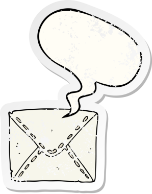 Konuşma baloncuğu olan bir karikatür mektubu bir insan tarafından çizilmiş sıkıntılı eski bir çıkartma