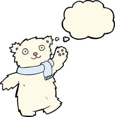 Bir insan tarafından çizilmiş düşünce baloncuklu atkı takan çizgi film ayısı.