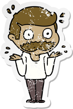 Bir insan tarafından çizilmiş bıyıklı bir çizgi film karakterinin sıkıntılı çıkartması.