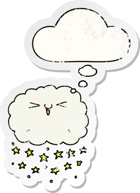 Düşünce baloncuğu olan mutlu çizgi film bulutu bir insan tarafından çizilmiş yıpranmış bir çıkartma gibi.