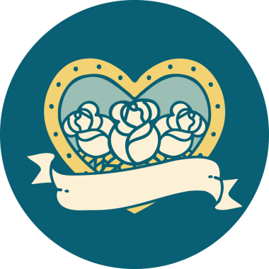 İkonik dövme stili bir kalp ve bir insan tarafından çizilmiş çiçekli pankart.