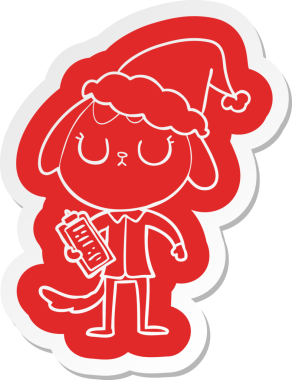 Ofis gömleği giyen, Noel Baba şapkası takan bir köpek insan tarafından çizilmiş şirin çizgi film çıkartması.