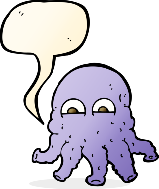 Bir insan tarafından çizilmiş konuşma baloncuklu uzaylı mürekkep balığı yüzü.