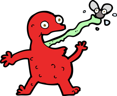 Bir insan tarafından çizilmiş sineği yakalayan kurbağa.