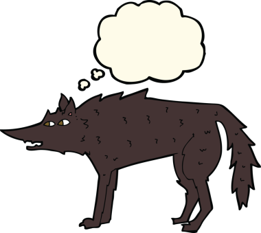 Bir insan tarafından çizilmiş düşünce balonlu bir kurt.
