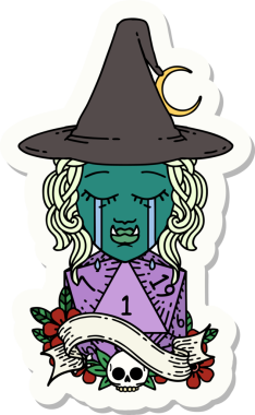 Ağlayan yarım ork karakterli bir cadının çıkartması. Bir insan tarafından çizilmiş doğal bir d20 zar.