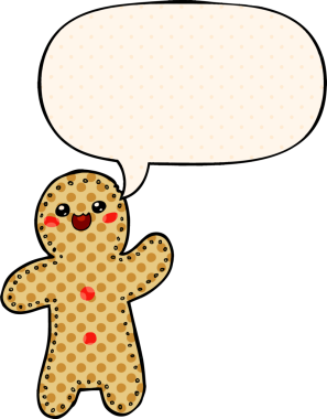 Bir insan tarafından çizilmiş çizgi roman tarzında konuşan zencefilli kurabiye adam.