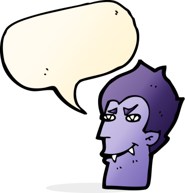 Bir insan tarafından çizilmiş konuşma balonlu vampir yüzü.