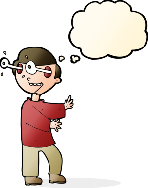 Bir insan tarafından çizilmiş düşünce baloncuğuyla gözleri fırlayan çizgi film çocuğu.