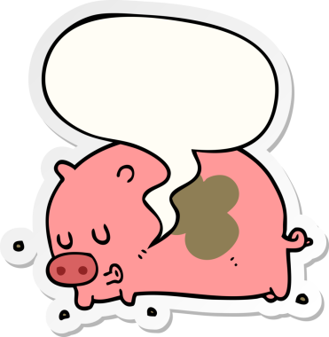 Bir insan tarafından çizilmiş baloncuk çıkartmalı şirin çizgi film domuzu.