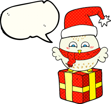 El yazısıyla çizilmiş çizgi roman konuşma balonu karikatürü. Bir insan tarafından çizilmiş şirin Noel baykuşu.