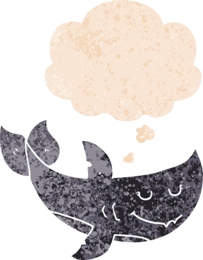 Düşünce baloncuğu ve grunge ile çizgi film köpekbalığı bir insan tarafından çizilmiş desenli sıkıntılı retro