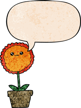 Konuşma baloncuğu olan karikatür çiçeği insan tarafından çizilmiş eski moda dokular.