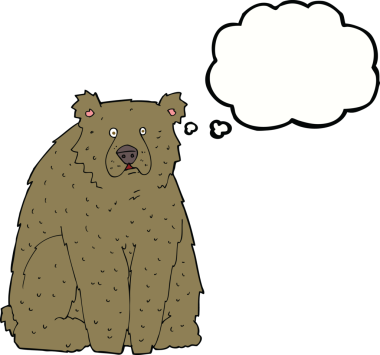 Bir insan tarafından çizilmiş düşünce baloncuklu komik bir ayı.