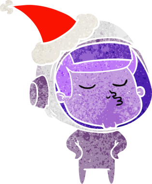 Kendine güvenen bir astronotun Noel Baba şapkası taktığı el çizimi bir insan tarafından çizilmiş.